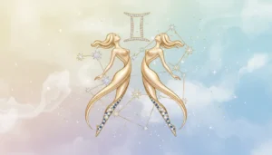 Bliźnięta znak zodiaku symbol astrologiczny na pastelowym tle z gwiazdami i elementami konstelacji zodiakalnej