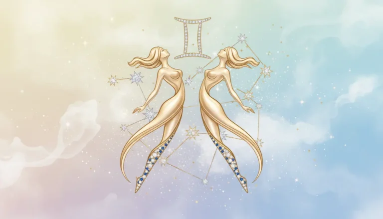 Bliźnięta znak zodiaku symbol astrologiczny na pastelowym tle z gwiazdami i elementami konstelacji zodiakalnej