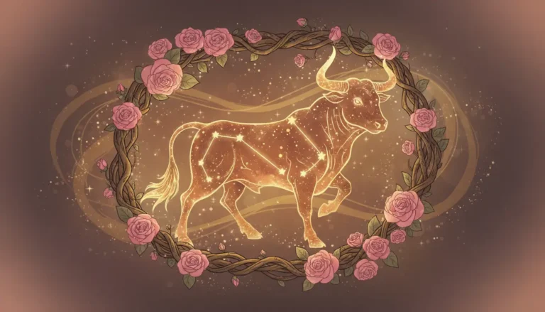 Mistyczna ilustracja konstelacji Byka otoczonej gwiazdami i różami w ciepłych złotych kolorach jako kompletny przewodnik po znaku zodiaku Byk