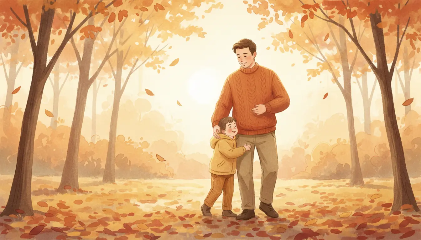 Ciepła ilustracja ojca z synem spacerujących w jesiennym parku symbolizująca opiekuńczość i siłę imienia Aleksander