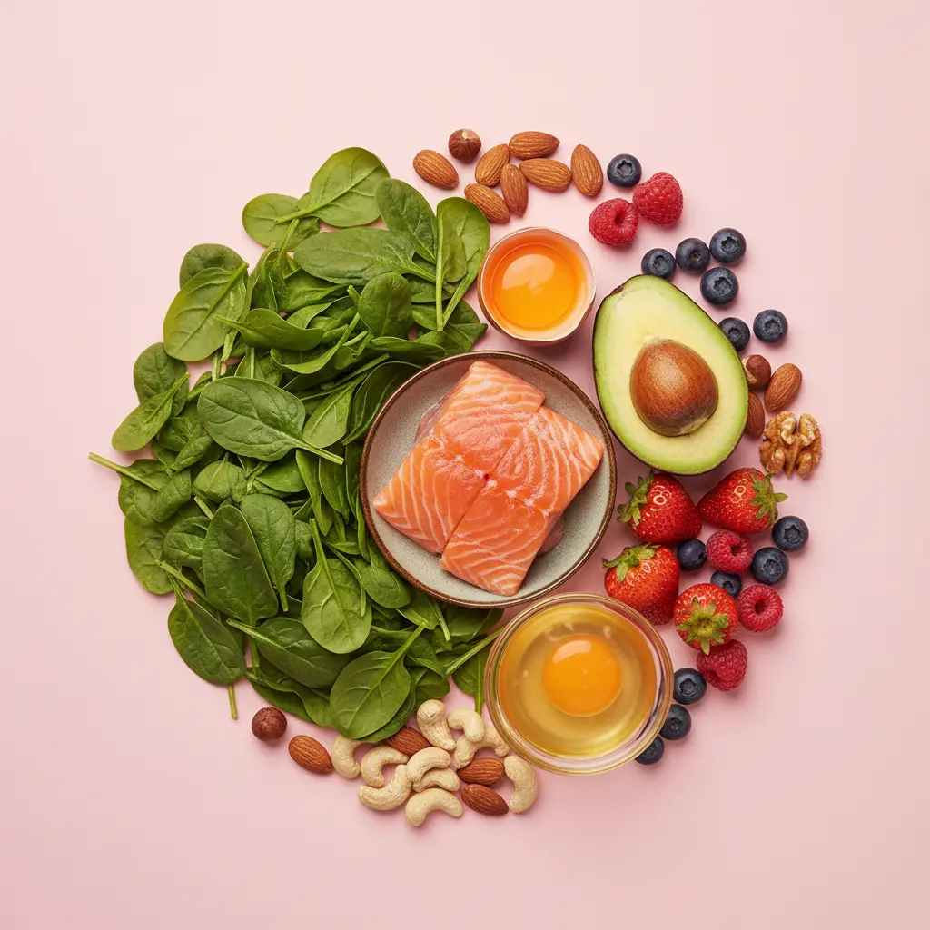 Zdrowe produkty wspierające porost włosów - jajka łosoś awokado orzechy szpinak bogate w biotynę cynk i żelazo