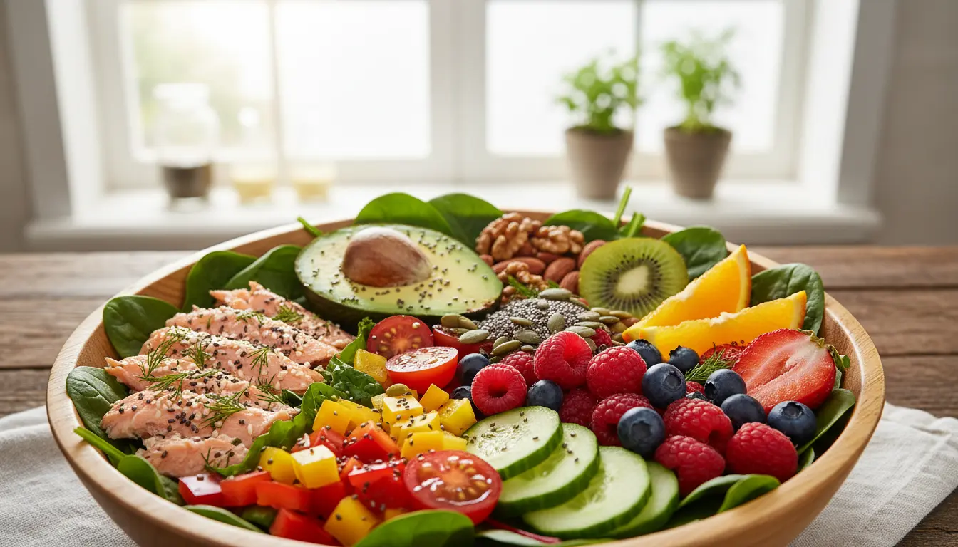 Zdrowe jedzenie wspierające walkę z trądzikiem warzywa owoce orzechy łosoś w kolorowej misce na jasnym tle