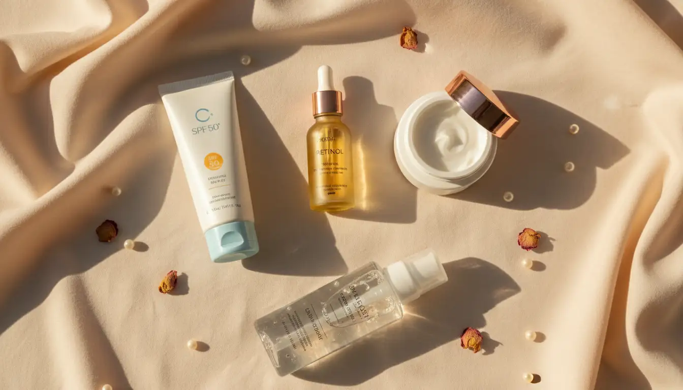 Kompletny zestaw pielęgnacyjny z serum retinolowym kremem nawilżającym filtrem SPF50 i delikatnym żelem do mycia na pastelowej tkaninie