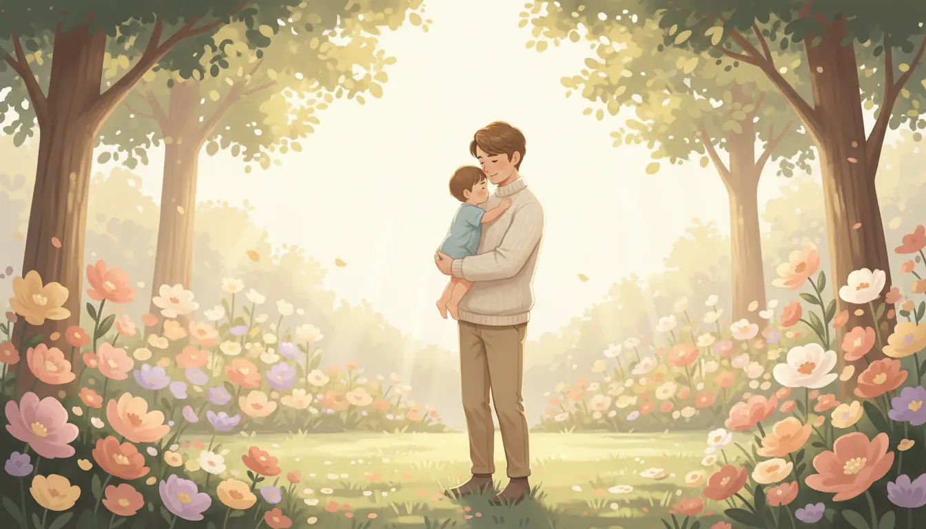 Ojciec z synem na spacerze w parku otoczonym kwiatami symbolizujący cechy charakteru mężczyzn o imieniu Franciszek
