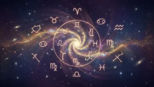 Horoskop 2026 przedstawiony jako mapa zodiaku z dwunastoma konstelacjami znaków zodiaku na kosmicznym tle w pastelowych złoto-fioletowych barwach