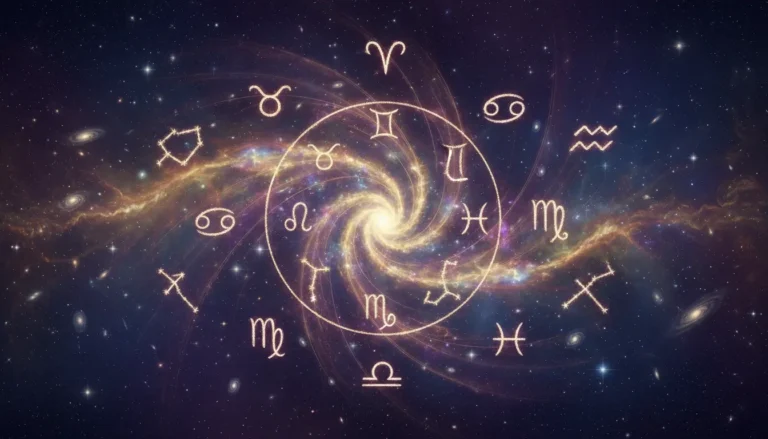 Horoskop 2026 przedstawiony jako mapa zodiaku z dwunastoma konstelacjami znaków zodiaku na kosmicznym tle w pastelowych złoto-fioletowych barwach