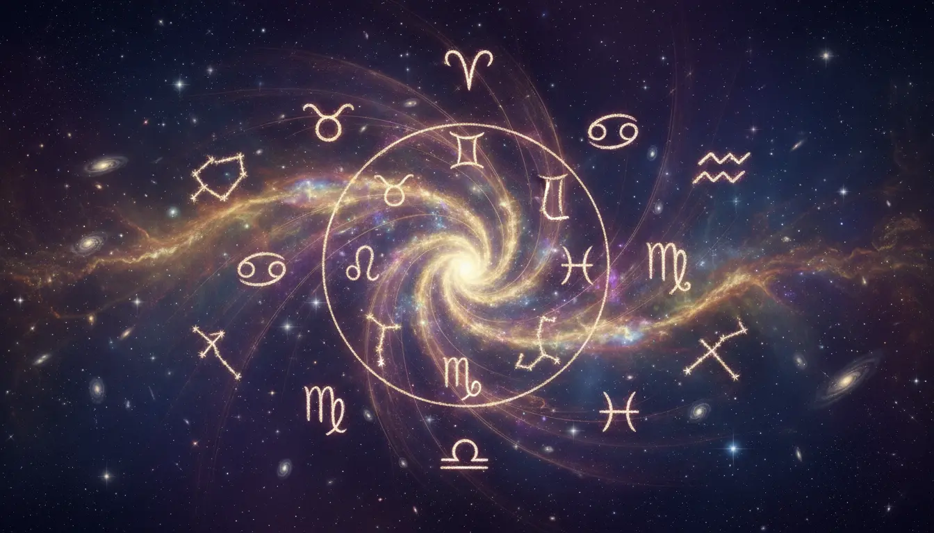 Horoskop 2026 przedstawiony jako mapa zodiaku z dwunastoma konstelacjami znaków zodiaku na kosmicznym tle w pastelowych złoto-fioletowych barwach