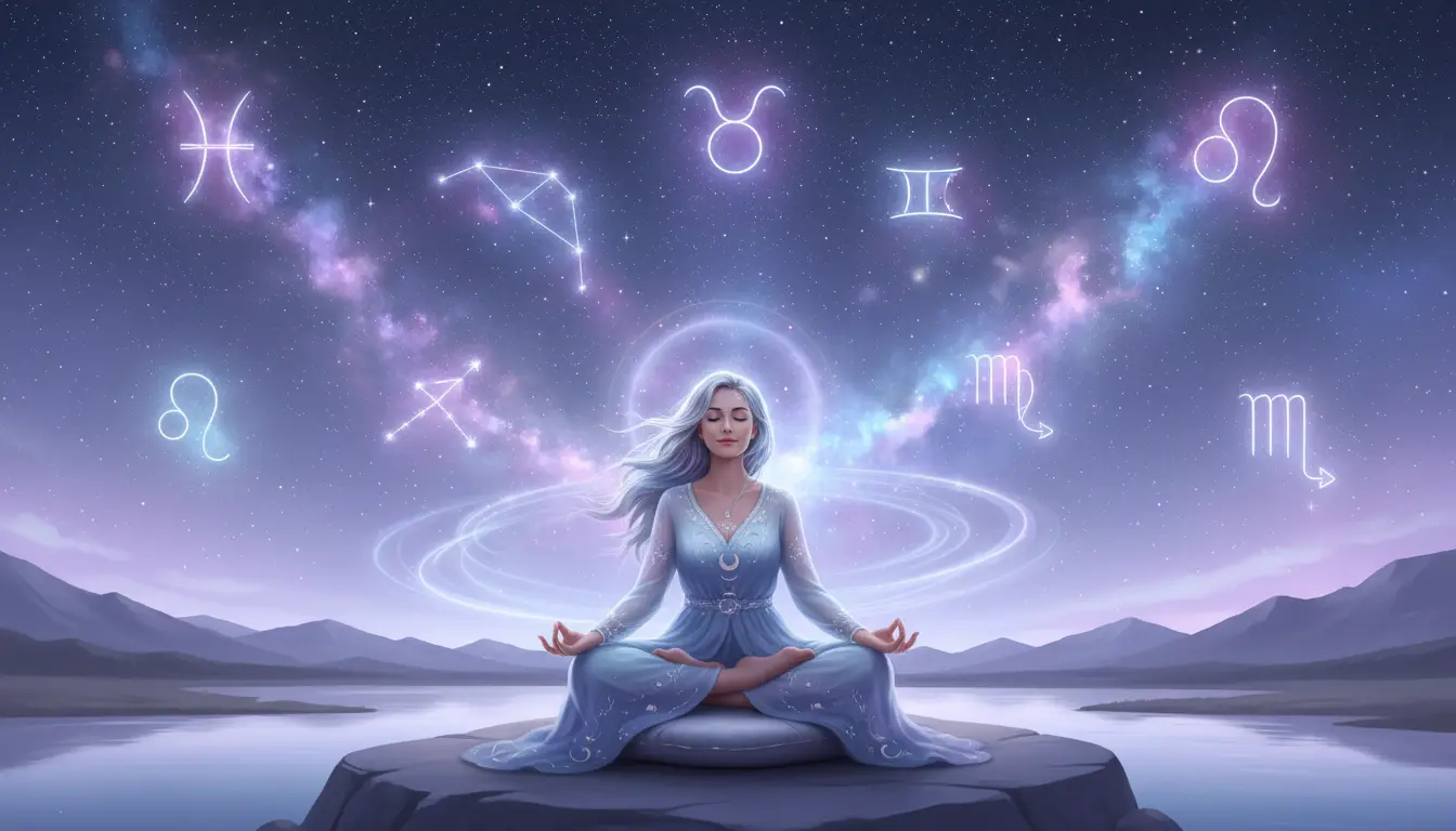 Kobieta medytująca pod rozgwieżdżonym niebem z konstelacjami zodiaku symbolizująca duchowe przebudzenie w horoskopie 2026