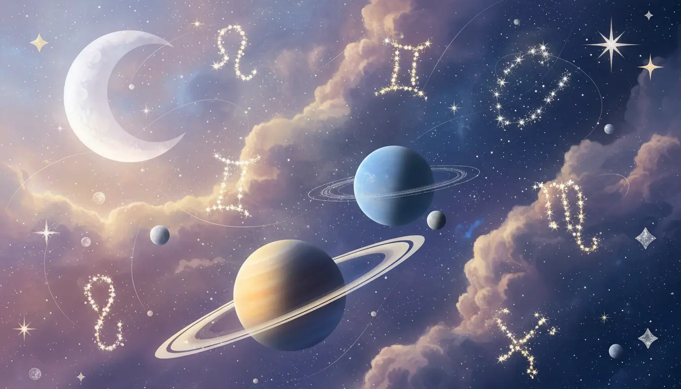 Kosmiczny krajobraz z planetami Saturn i Neptun oraz konstelacjami zodiaku symbolizujący kluczowe wydarzenia astrologiczne horoskopu 2026