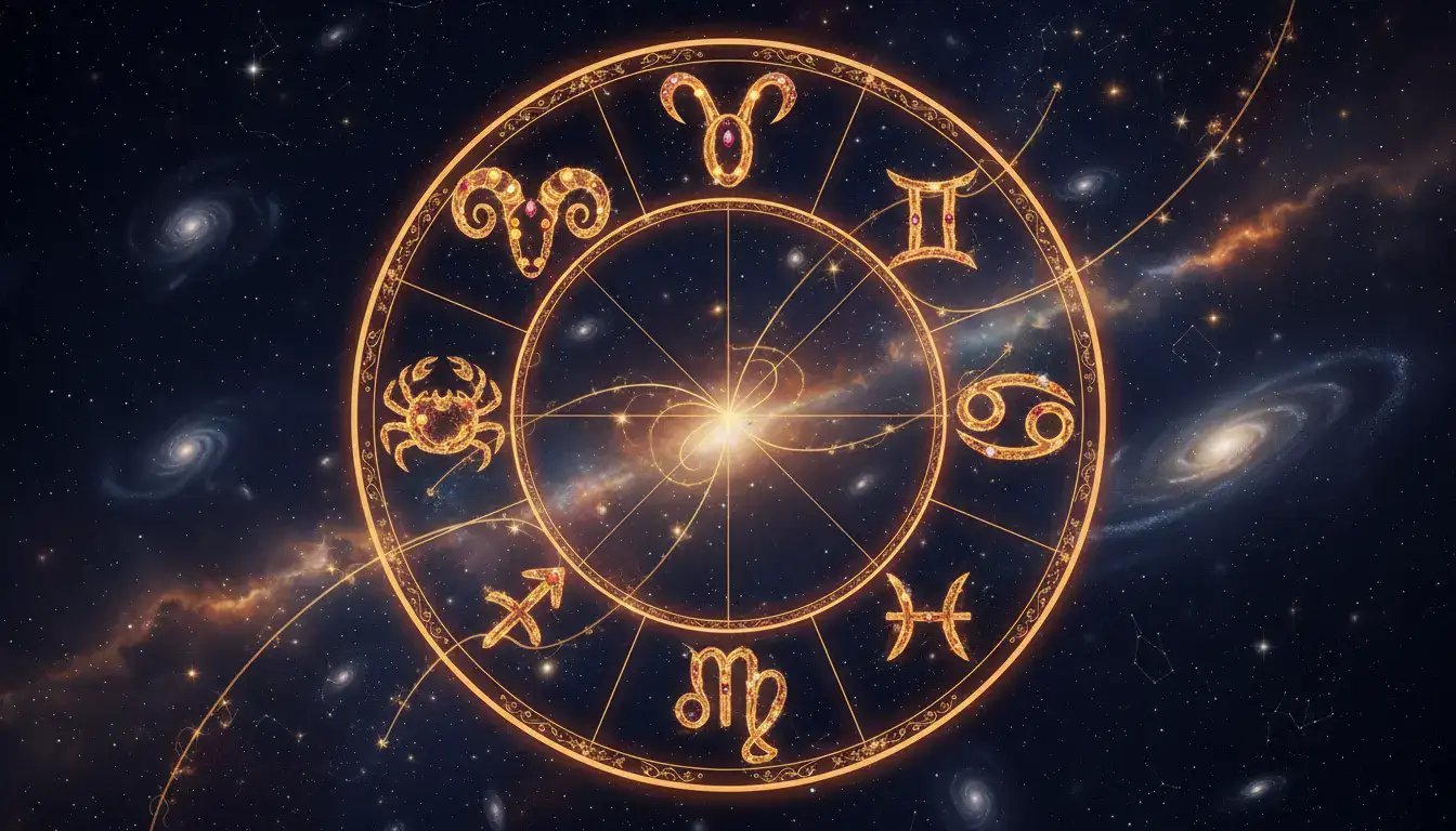 Koło zodiakalne z dwunastoma symbolami znaków zodiaku w ciepłych złoto-pomarańczowych odcieniach na kosmicznym tle horoskopu rocznego 2026