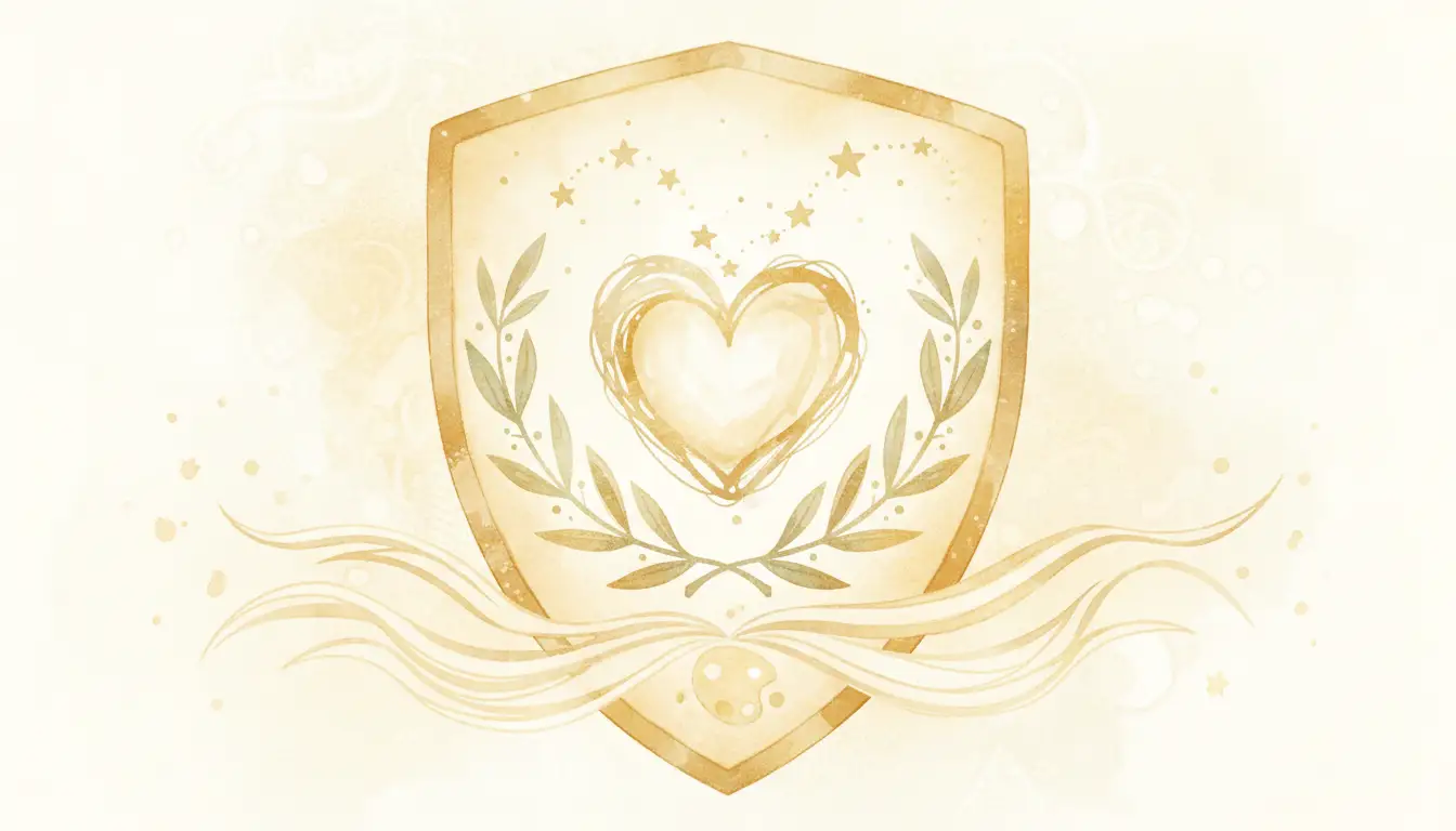 Tarcza rycerska z sercem i gałązkami oliwnymi symbolizująca cechy charakteru mężczyzn o imieniu Antoni