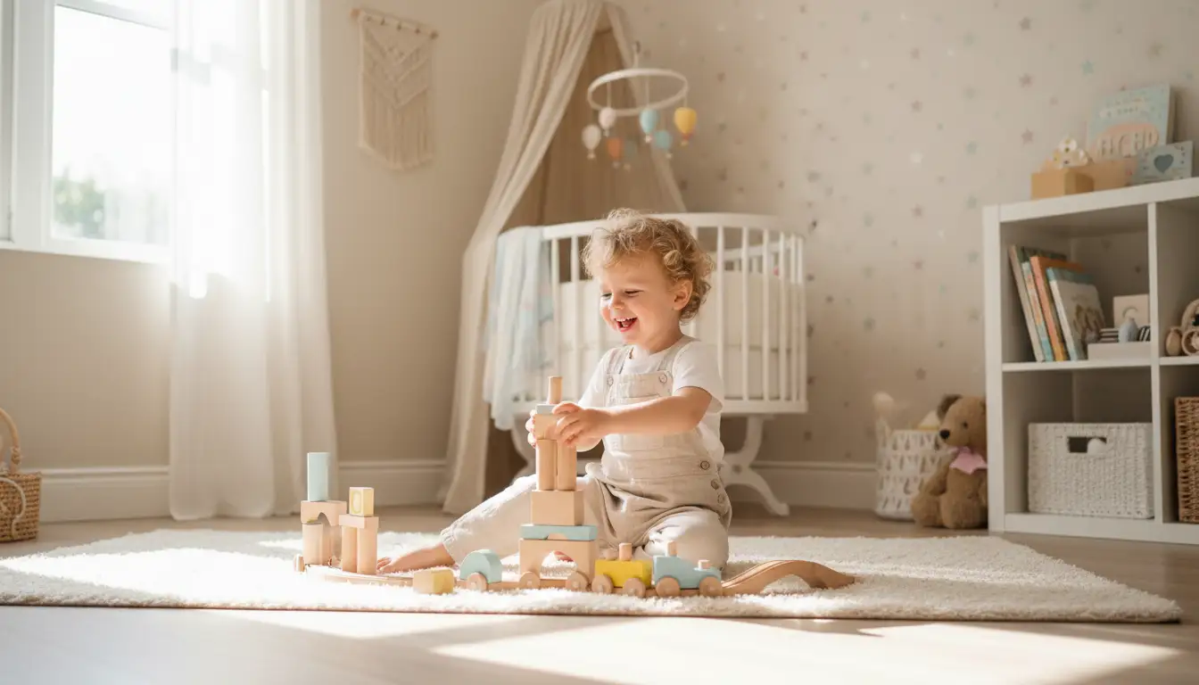 Mały radosny chłopiec bawiący się drewnianymi zabawkami w słonecznym pokoju dziecięcym symbolizujący energię i radość życia osób o imieniu Leon