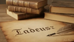 Imię Tadeusz zapisane na pergaminie z gęsim piórem i starymi książkami symbolizujące bogatą historię i znaczenie tego imienia