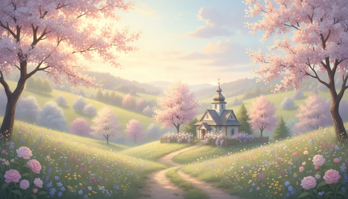 Imieniny Wojciecha 23 kwietnia – wiosenny krajobraz polski z kościołem i kwitnącymi drzewami