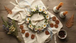 Wianek kwiatowy drewniane runy i lniane tkaniny na drewnianym stole symbolizujące tradycję imion słowiańskich i ich głębokie znaczenie