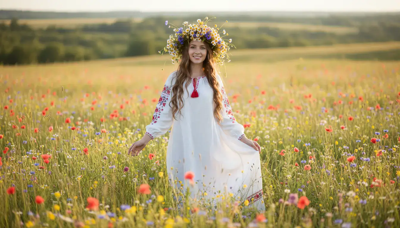 Kobieta w tradycyjnym słowiańskim stroju z wiankiem na głowie stojąca na łące symbolizująca piękną tradycję imion słowiańskich