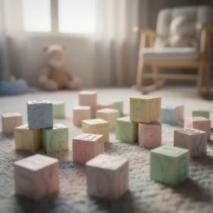 Kolorowe drewniane klocki z literami symbolizujące imiona zakazane w Polsce i zasady nadawania imion dzieciom