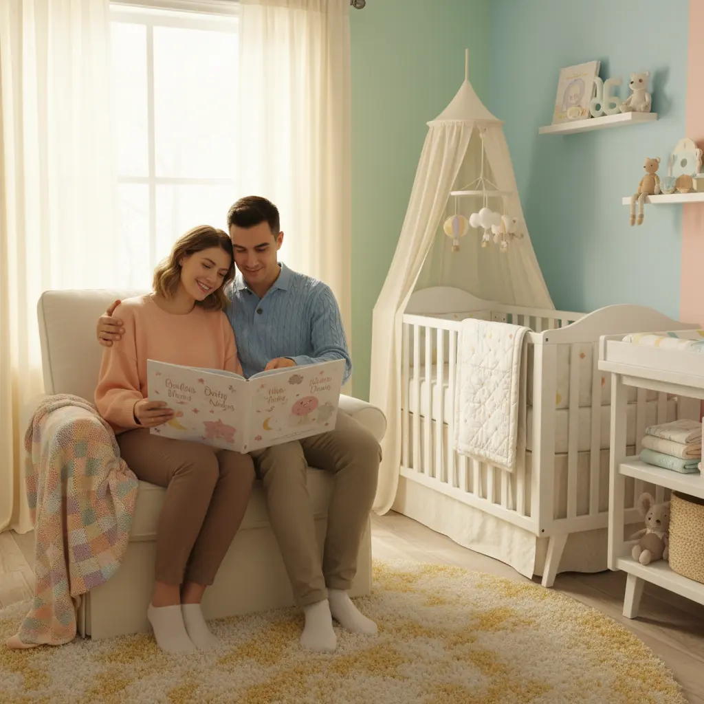 Rodzice przeglądający książkę z imionami dla dziecka w przytulnym pokoju dziecięcym przy ciepłym oświetleniu