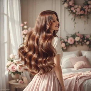 Kobieta z długimi zdrowymi lśniącymi włosami ilustrująca efekty prawidłowej pielęgnacji i przyspieszenia porostu włosów