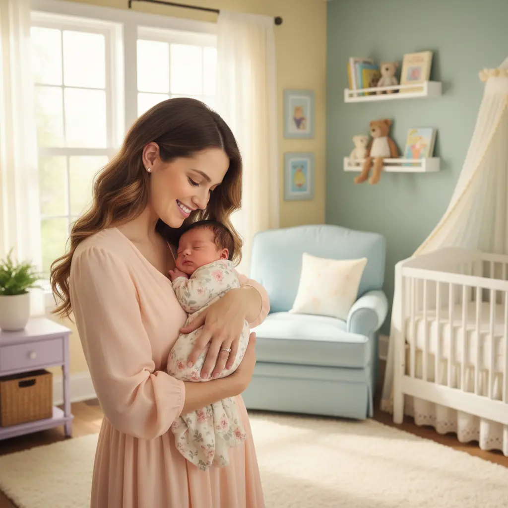 Młoda mama trzymająca niemowlę w jasnym pokoju symbolizująca radość z wyboru odpowiedniego imienia dla dziecka