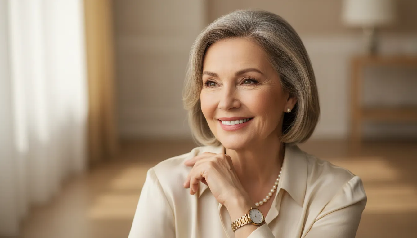 Elegancka uśmiechnięta kobieta po 55 roku życia z zadbaną skórą twarzy, naturalne zmarszczki dodające uroku i charakteru, miękkie profesjonalne oświetlenie na neutralnym tle, portret lifestyle celebrujący starzenie z gracją