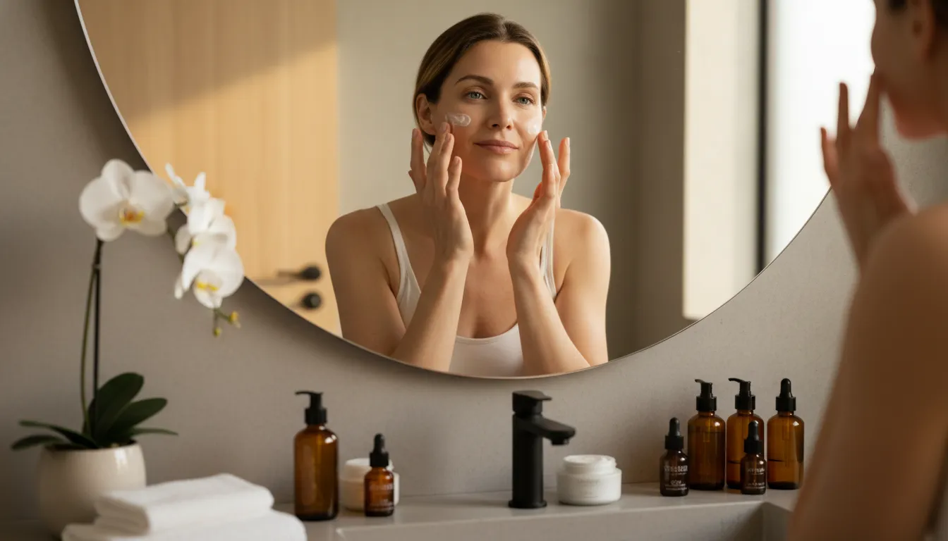 Kobieta w wieku 30-40 lat nakładająca krem przeciwzmarszczkowy na twarz przed lustrem w minimalistycznej łazience z naturalnymświatłem porannym, na blacie stoją eleganckie buteleczki z serum i kremem do twarzy