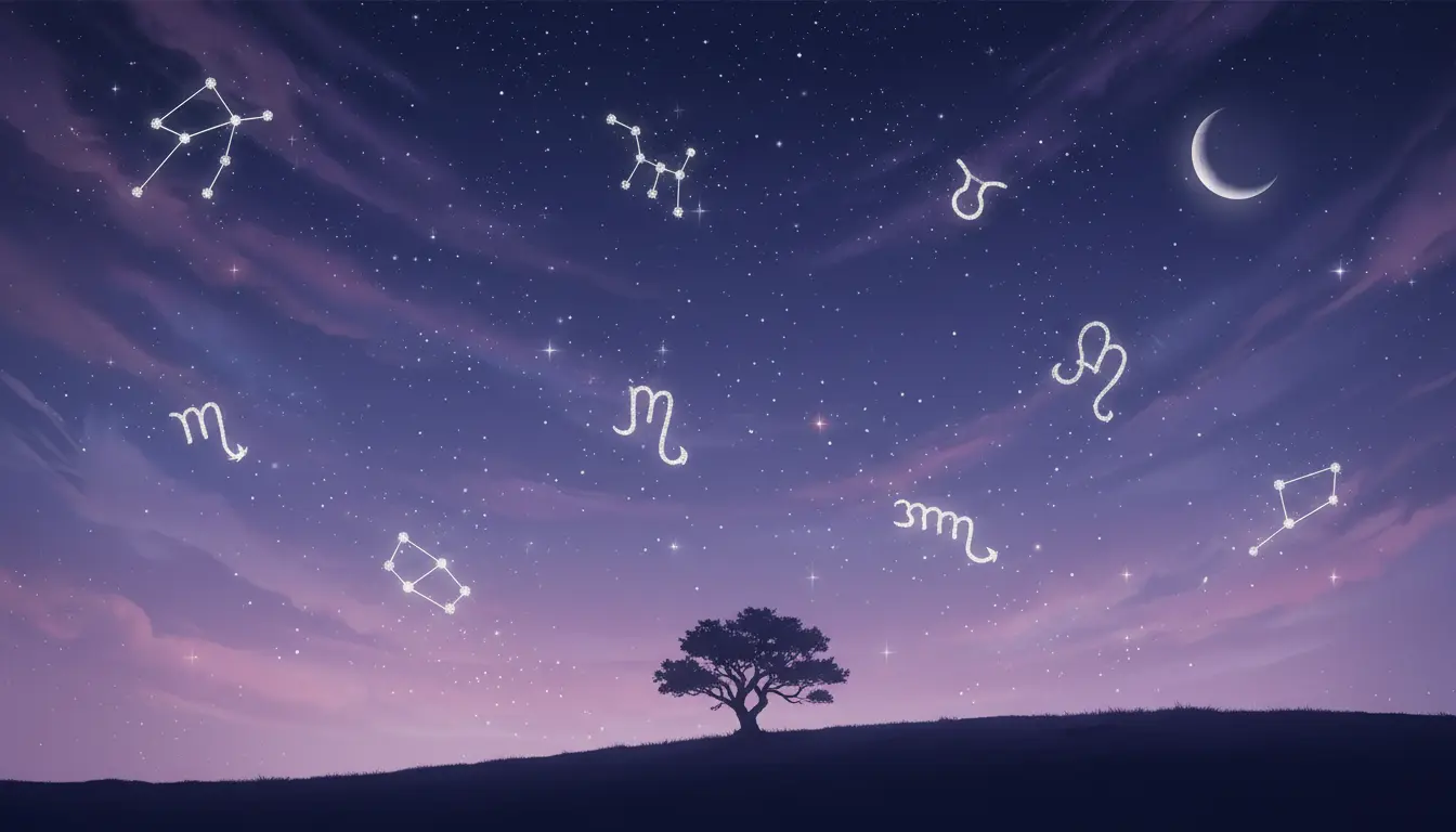 Konstelacje dwunastu znakow zodiaku swiecace na rozgwiezdrzonym nocnym niebie w pastelowych fioletowo-granatowych barwach