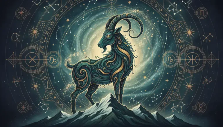 Mistyczny symbol koziorożca znak zodiaku na tle zimowego gwiaździstego nieba z konstelacją Capricornus w ciemnozielonych i złotych tonach