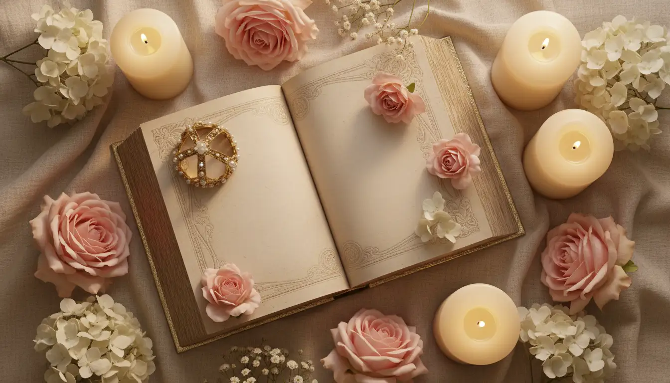 Elegancka otwarta antyczna książka otoczona kwiatami i koroną symbolizująca bogatą historię i tradycję chrześcijańską imienia Leon z trzynastoma papieżami