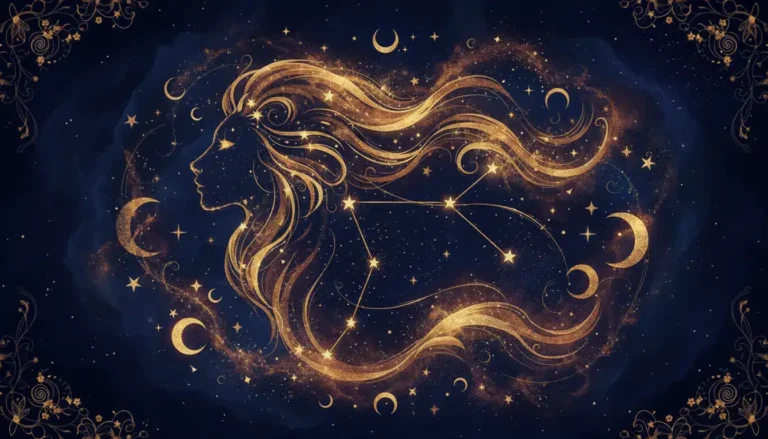 Konstelacja zodiakalnego Lwa na tle gwiaździstego nieba ze złotymi akcentami symbolizującymi znak zodiaku Lew