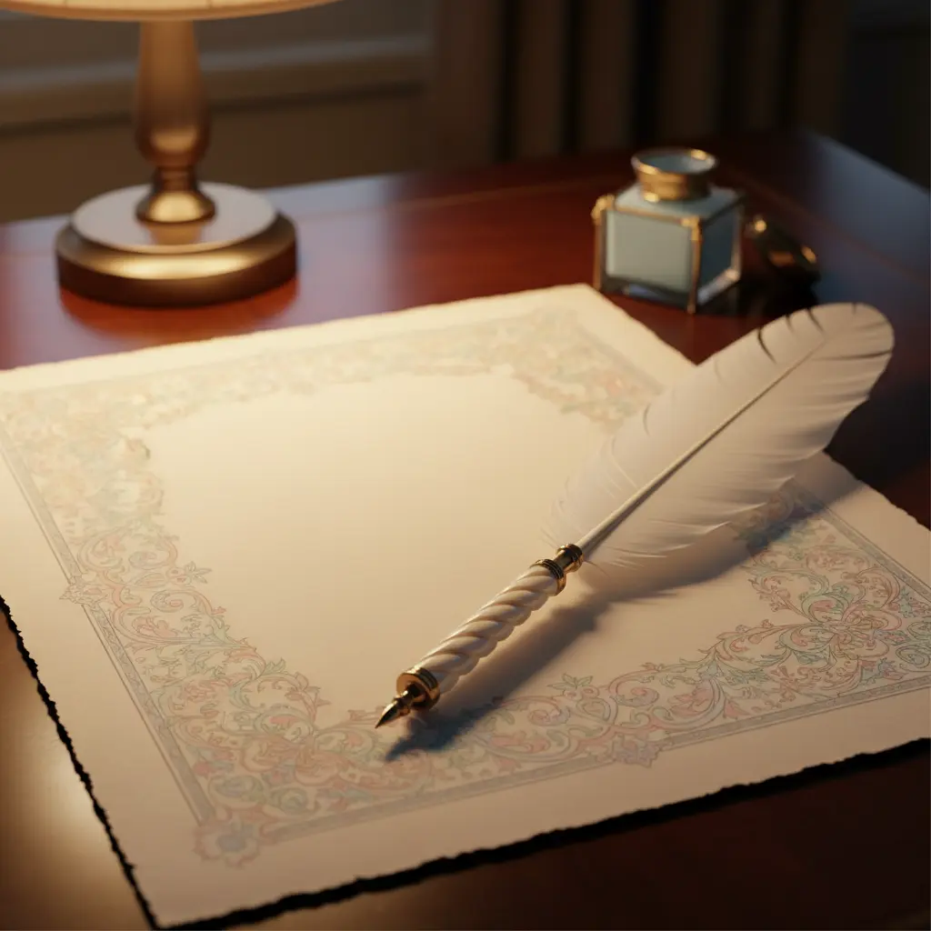 Elegancki dokument urzędowy z piórkiem symbolizujący rejestrację imienia w Urzędzie Stanu Cywilnego w Polsce