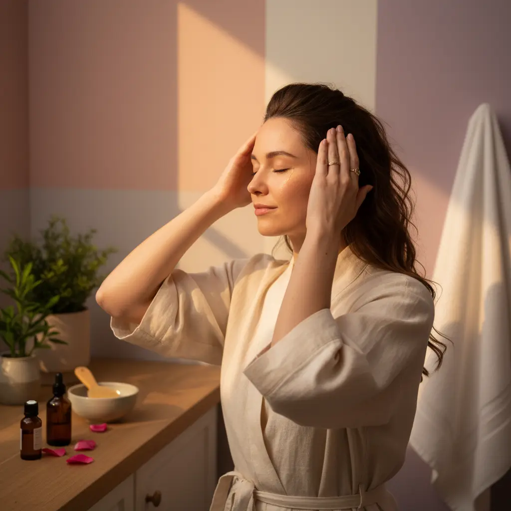 Kobieta wykonująca masaż skóry głowy z naturalnym olejkiem wspierającym porost włosów w domowym spa
