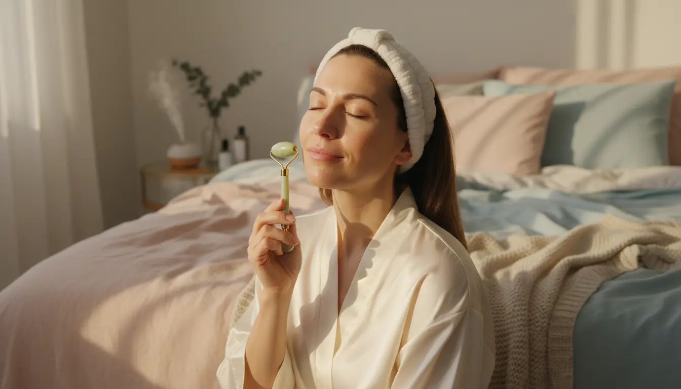 Kobieta po trzydziestce wykonująca relaksujący masaż twarzy jadeitowym rollerem jako element rutyny anti-aging w pielęgnacji skóry