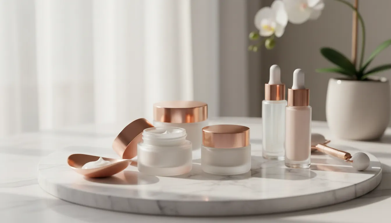 Feature image rankingu najlepszych kremów przeciwzmarszczkowych 2026 - elegancka kompozycja luksusowych produktów pielęgnacyjnych z kremem serum i słoiczkach na marmurowym blacie w ciepłym naturalnym świetle