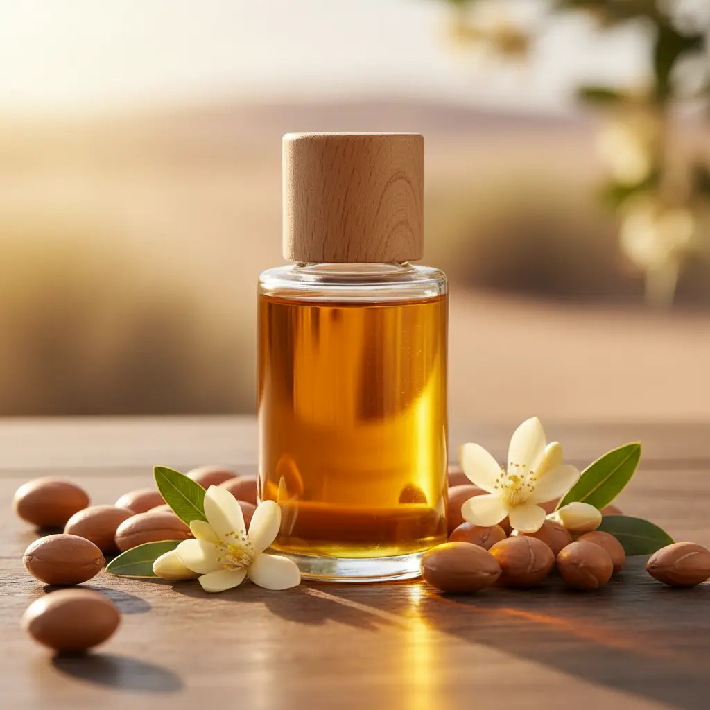 Buteleczka naturalnego olejku arganowego do włosów w otoczeniu orzechów arganowych i kwiatów w ciepłym oświetleniu