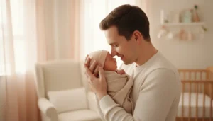 Ojciec trzymający noworodka w ciepłym naturalnym świetle symbolizujący wybór najpopularniejszego imienia Nikodem