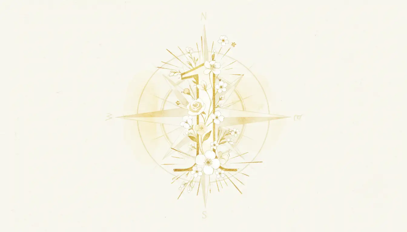 Złota jedynka z kwiatami i różą wiatrów symbolizująca numerologię imienia Antoni