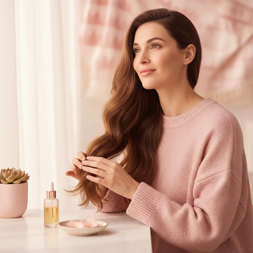 Kobieta z długimi lśniącymi włosami nakładająca olejek do włosów jako element codziennej pielęgnacji i ochrony pasm