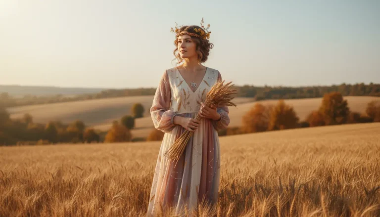 Elegancka kobieta w jesiennym otoczeniu z polami pszenicy symbolizująca spokój perfekcjonizm i analityczność znaku zodiaku Panna