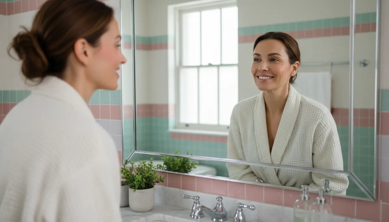 Kobieta po trzydziestce z promienną zdrową skórą patrząca w lustro jako efekt prawidłowej pielęgnacji skóry po 30 roku życia