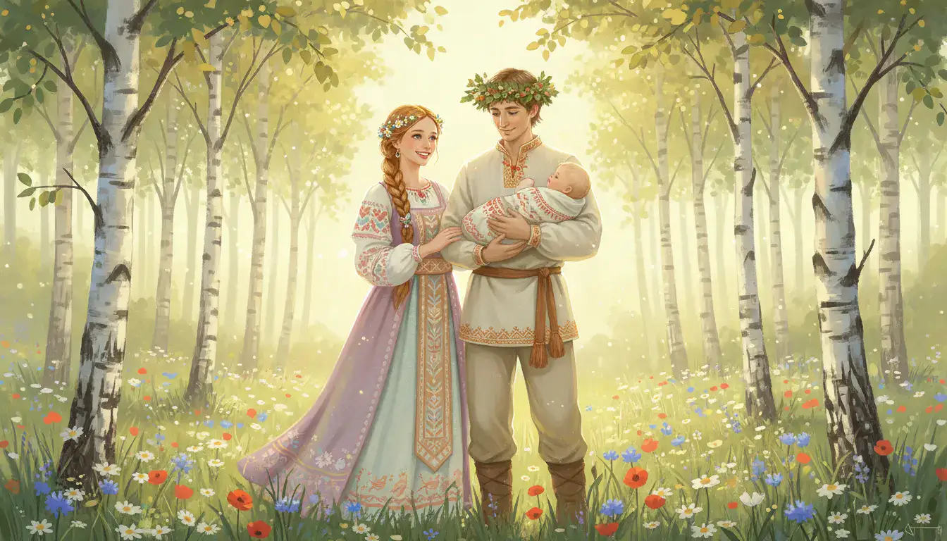 Szczęśliwa rodzina matka ojciec i dziecko otoczeni przyrodą wybierający piękne imiona słowiańskie dla swojego potomka