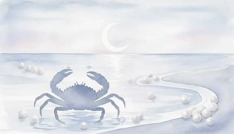Rak znak zodiaku estetyczna ilustracja z krabem w świetle księżyca nad oceanem w srebrnych i pastelowych niebieskich tonach