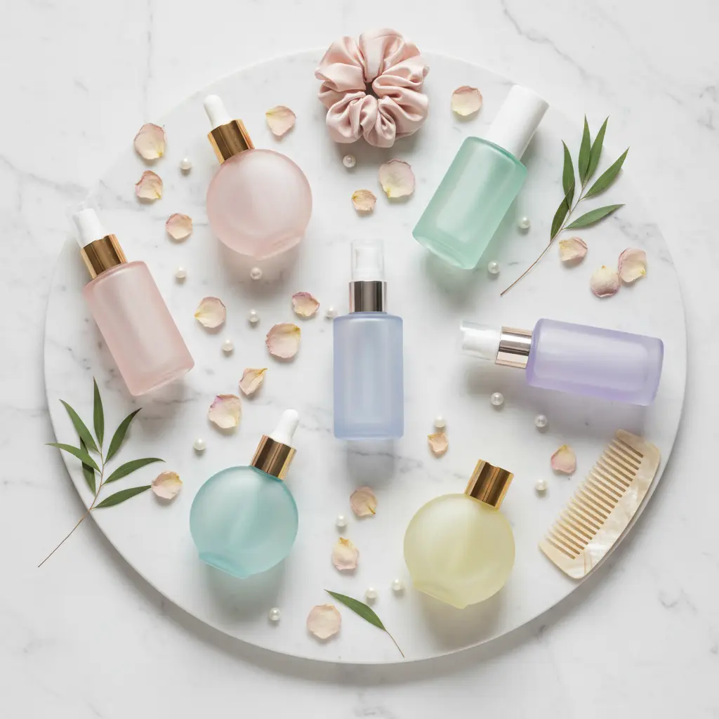 Zestawienie najlepszych olejków do włosów na 2026 rok w estetycznej aranżacji beauty flat lay na marmurowym blacie