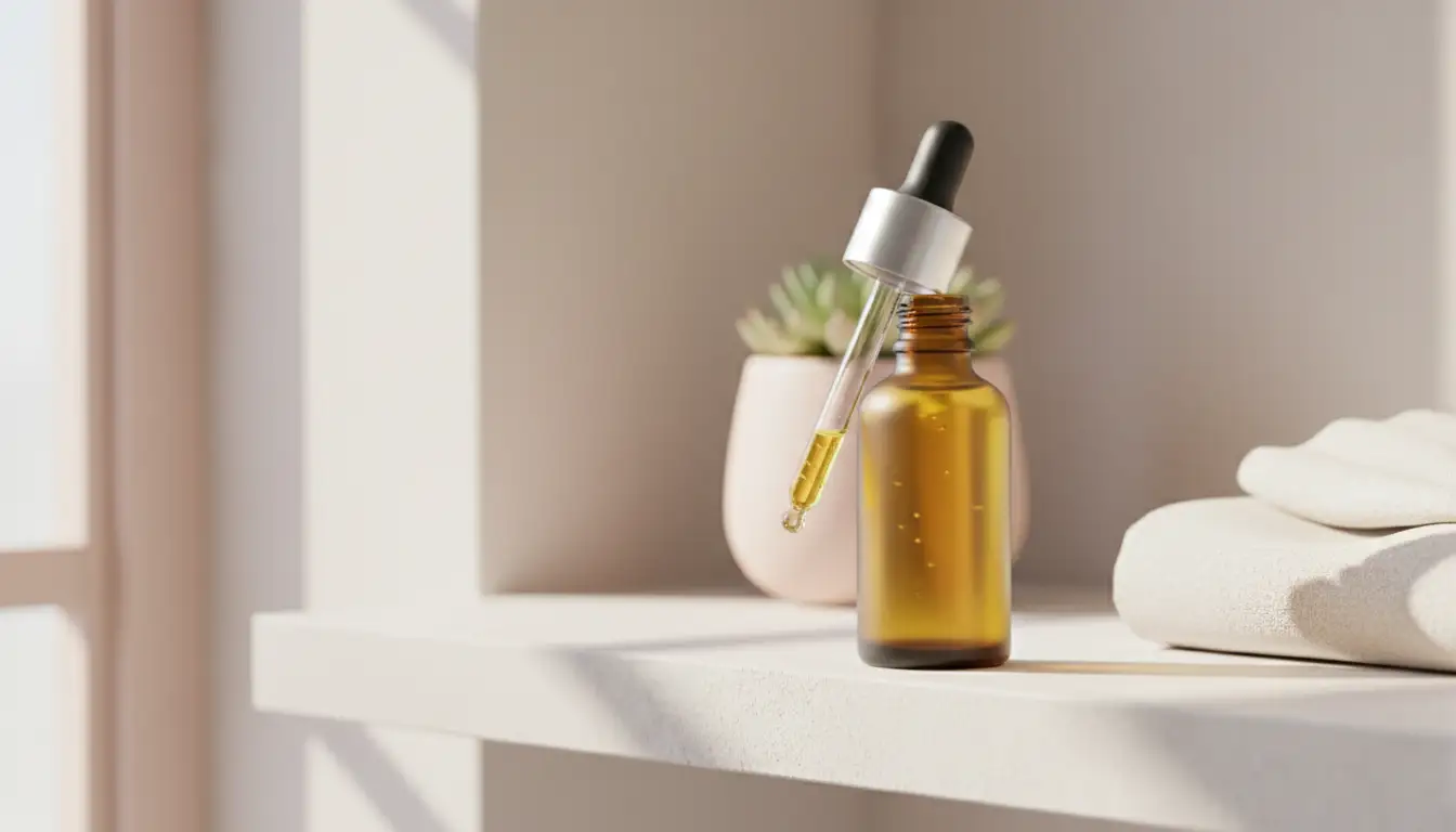 Serum z retinolem w bursztynowym flakonie na minimalistycznej półce łazienkowej w ciepłym naturalnym świetle do codziennej pielęgnacji cery