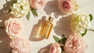 Eleganckie serum z retinolem w szklanym flakonie z kroplomierzem na jasnym tle z delikatnymi kwiatami idealne do codziennej pielęgnacji skóry