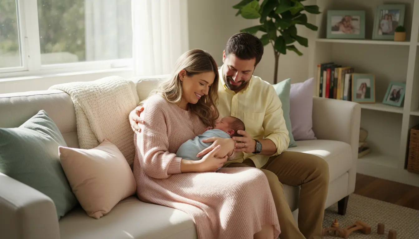 Szczęśliwa rodzina z noworodkiem wybierająca biblijne imię dla dziecka w ciepłej domowej atmosferze
