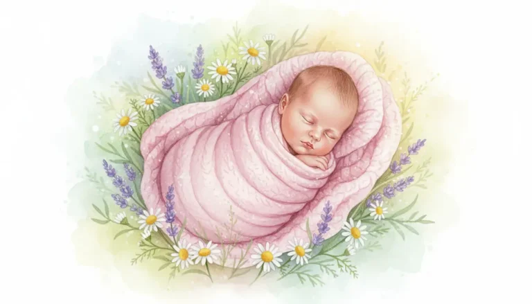 Noworodek dziewczynka śpiąca w pastelowym kocyku otoczona polnymi kwiatami - rzadkie imiona dla dziewczynek inspiracje