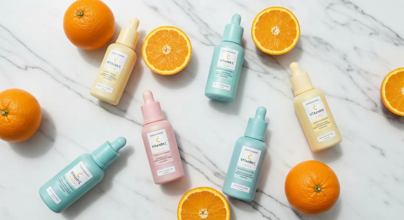 Eleganckie buteleczki z serum witaminy C na marmurowym blacie z plastrami pomarańczy porównanie form kosmetycznych