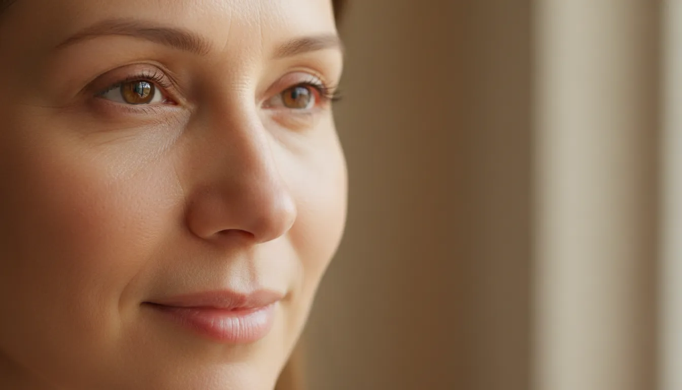Zbliżenie na zdrową pielęgnowaną skórę twarzy kobiety po 40 roku życia z delikatnymi zmarszczkami wokół oczu pokazującymi naturalne starzenie z wdziękiem, miękkie naturalne światło podkreślające gładkość i blask cery
