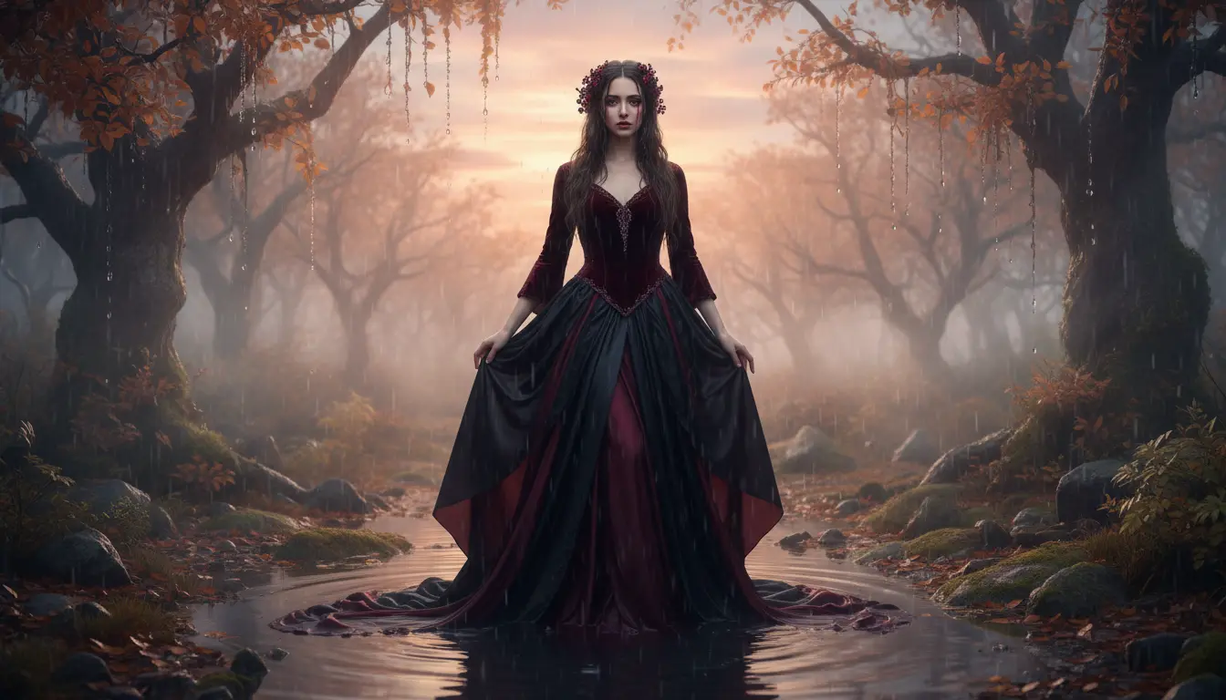 Tajemnicza elegancka kobieta w ciemnych bordowych barwach otoczona symbolami wody i transformacji reprezentująca intensywne cechy znaku zodiaku Skorpion